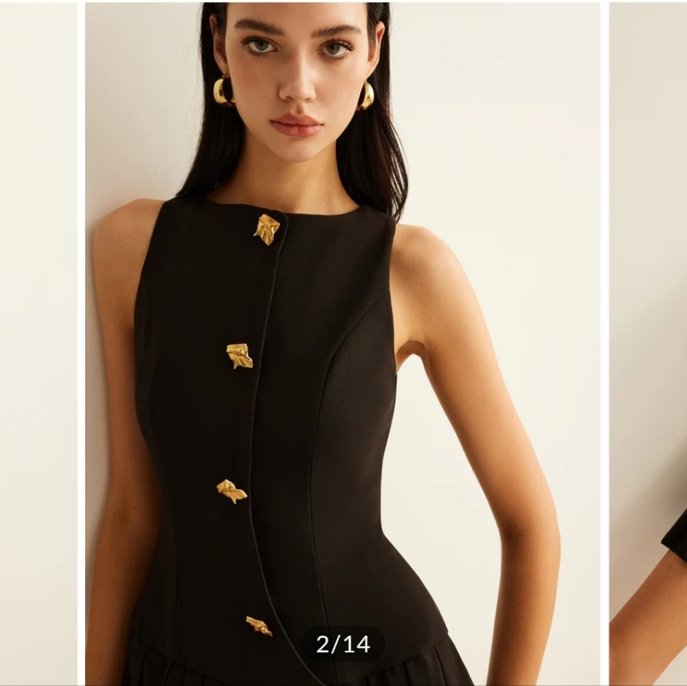 Commense Black Gold-Button Pleated Mini Dress - Picture 2 of 3